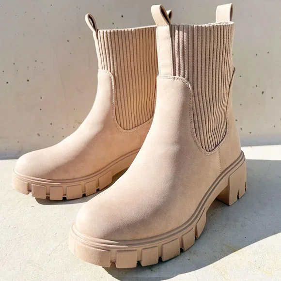 NEW Taupe Beige Chunky Lug Sole Platform Elastic Sock Ankle Chelsea Bootie  Boots
